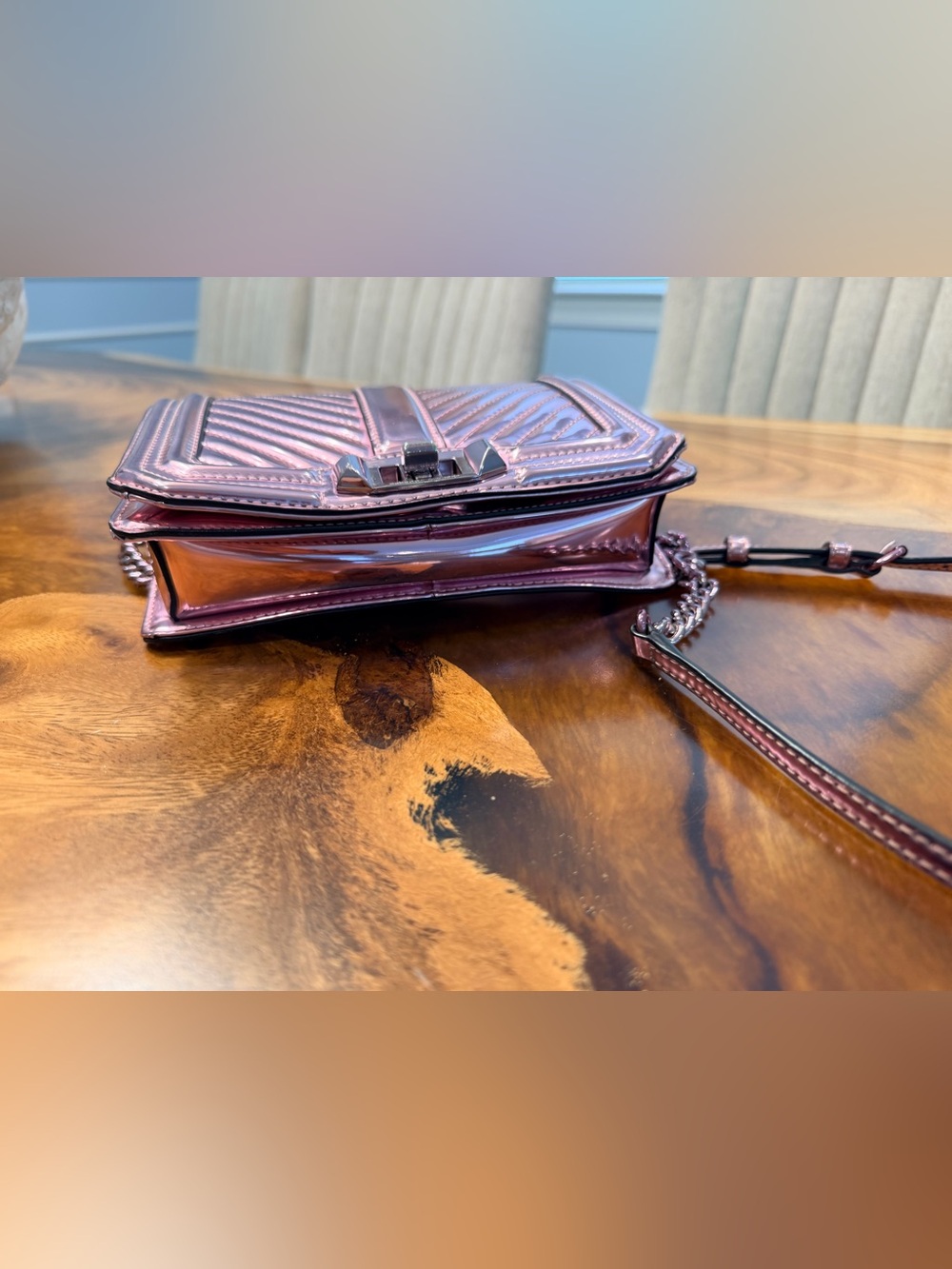 Rebecca Minkoff Chevron Quilted Love Crossbody Metallic Rose Gold Finish GUC - Picture 14 of 17